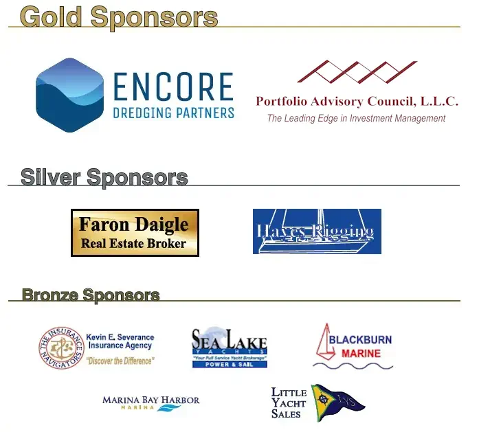 Sponsors for an event categorized as Gold, Silver, and Bronze, featuring logos of various companies including Encore Dredging Partners and Portfolio Advisory Council.
