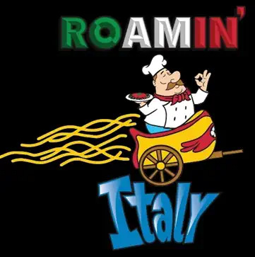 A cartoon chef riding on a vibrant yellow food cart, holding a plate of food, with colorful text saying 'ROAMIN' Italy' and stylized spaghetti trails behind the cart.