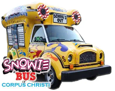 Colorful yellow ice cream truck with the words 'Snowie Bus of Corpus Christi' and 'SCHOOL'S OUT' displayed prominently.