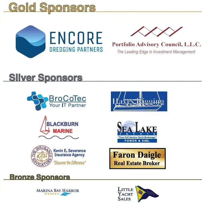 Logos of sponsors categorized as Gold, Silver, and Bronze for an event, featuring companies like Encore Dredging Partners and Portfolio Advisory Council.